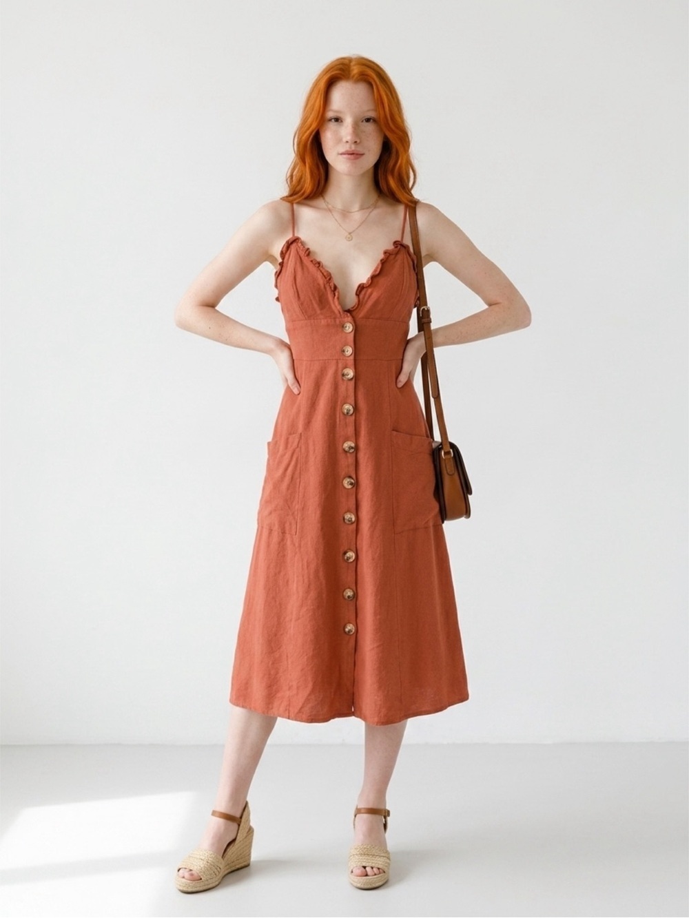 Lulus Lisbeth Rust Orange Button Front Midi Dress with Ruffles Sz S